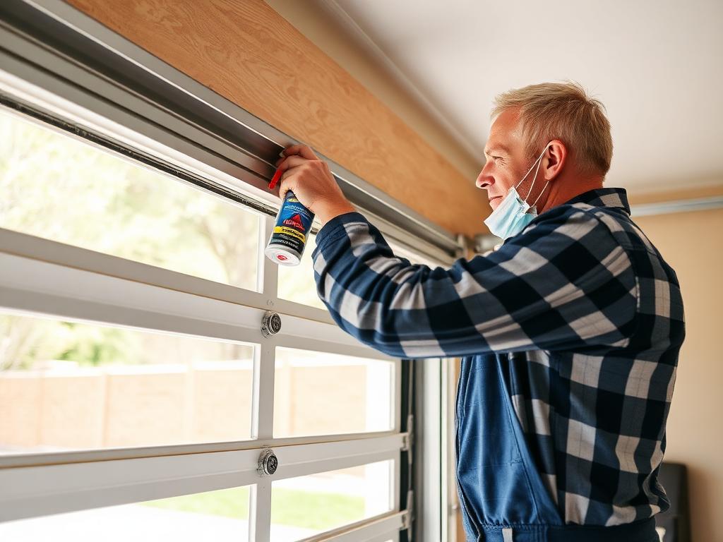 Homeowner performing spring maintenance on garage door with proper tools