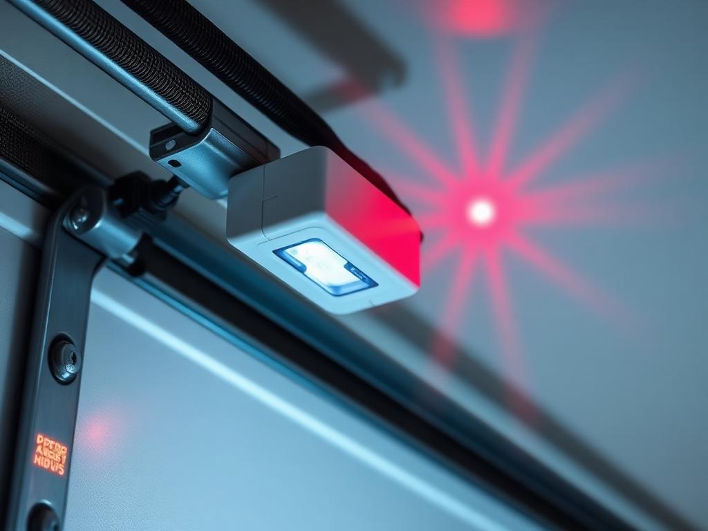 Garage door photo eye safety sensors installed at the base of door opening