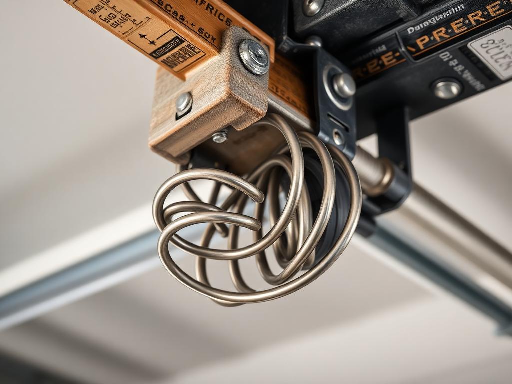 Garage door torsion spring mechanism being inspected by professional technician