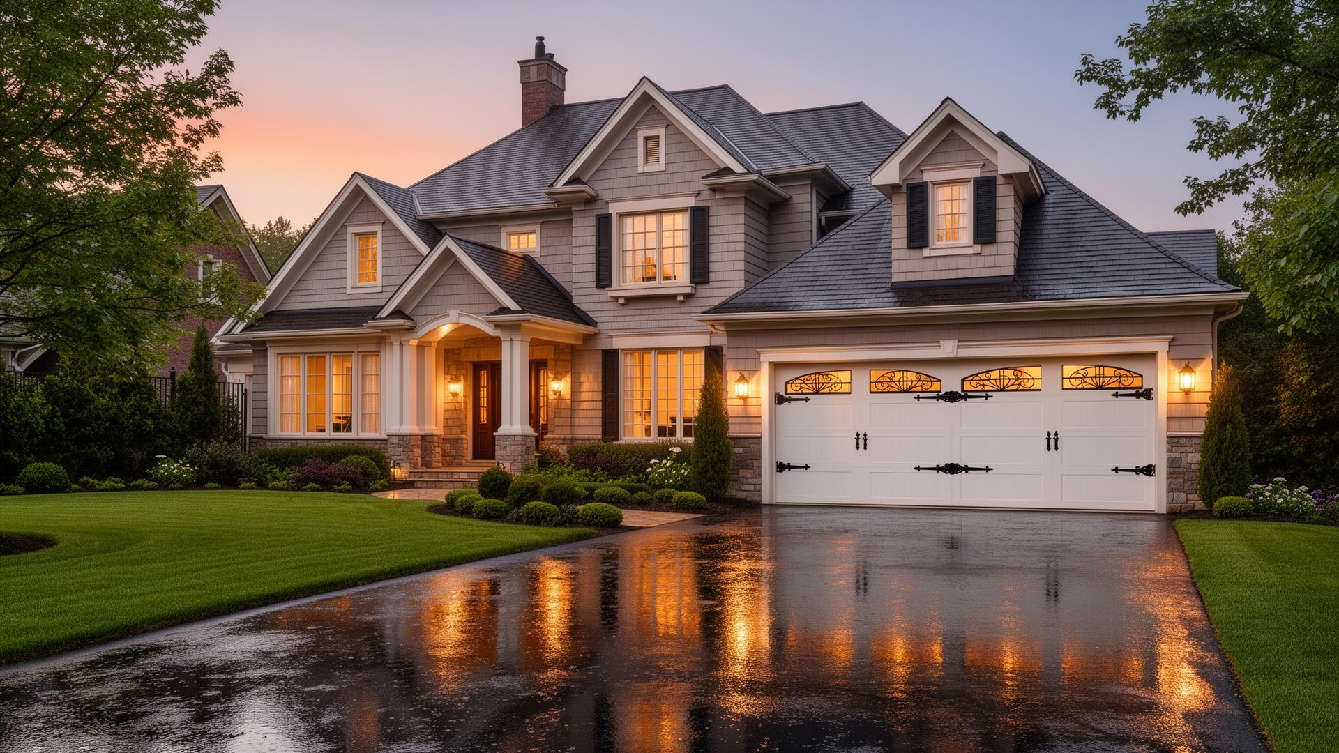 Beautiful suburban home with elegant carriage house garage doors featuring decorative iron hardware